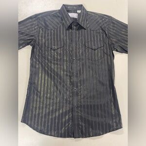 Mens Crazy Cowboy Black & Gold Striped Western Shirt Button Up Short Sleeve XL